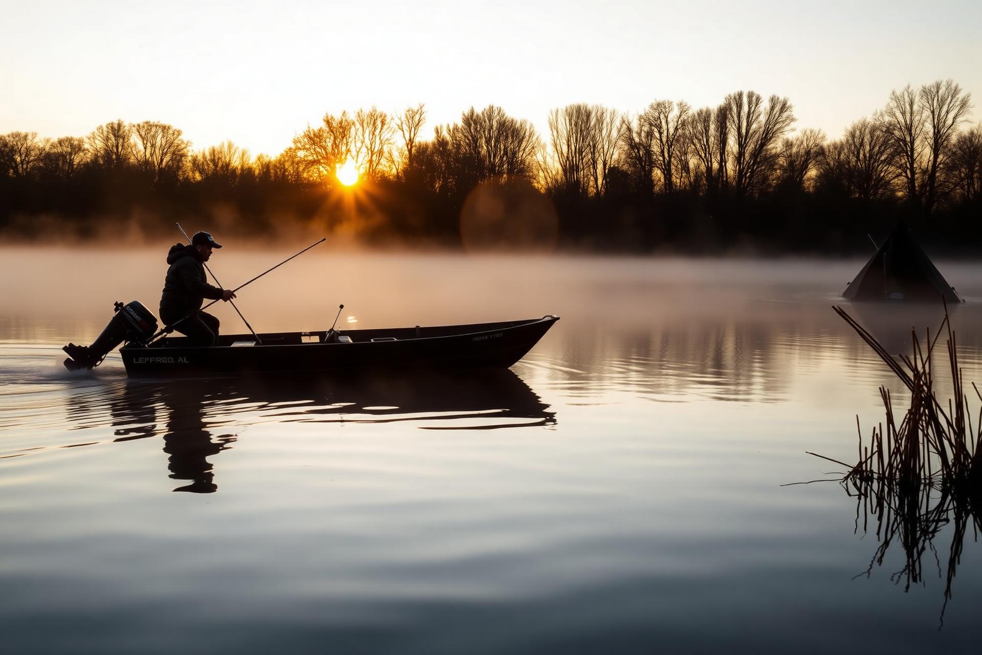 Karpervisser bij zonsopkomst op Nederlandse plas
